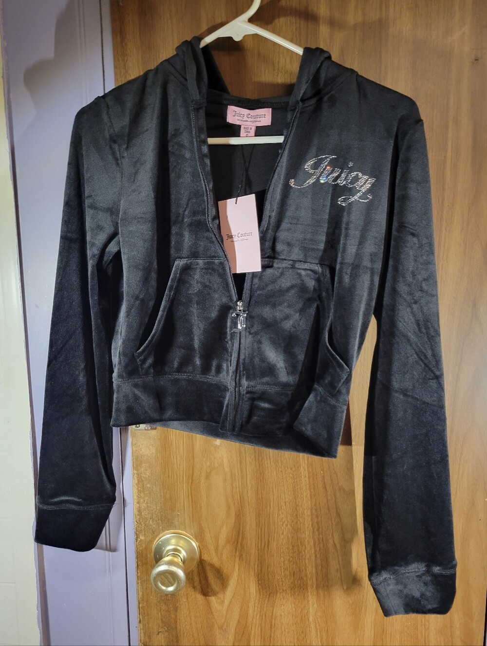 Juicy Couture Black Velour Zip Hoodie with Rhinestone Logo